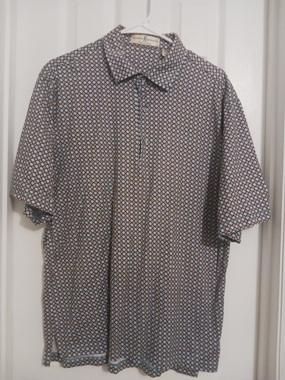 Fairway & Greene Brown and Light Blue Geometric Polo Mens Medium